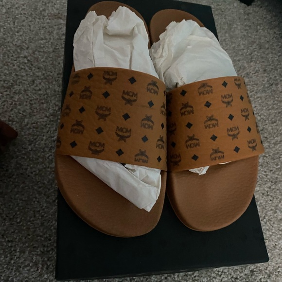 MCM Tan Logo Slide Sandals - Picture 2 of 5
